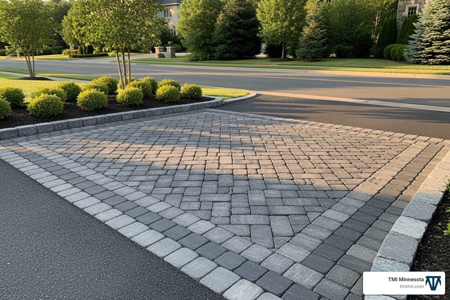 Paver apron with Belgian block edging on a home driveway